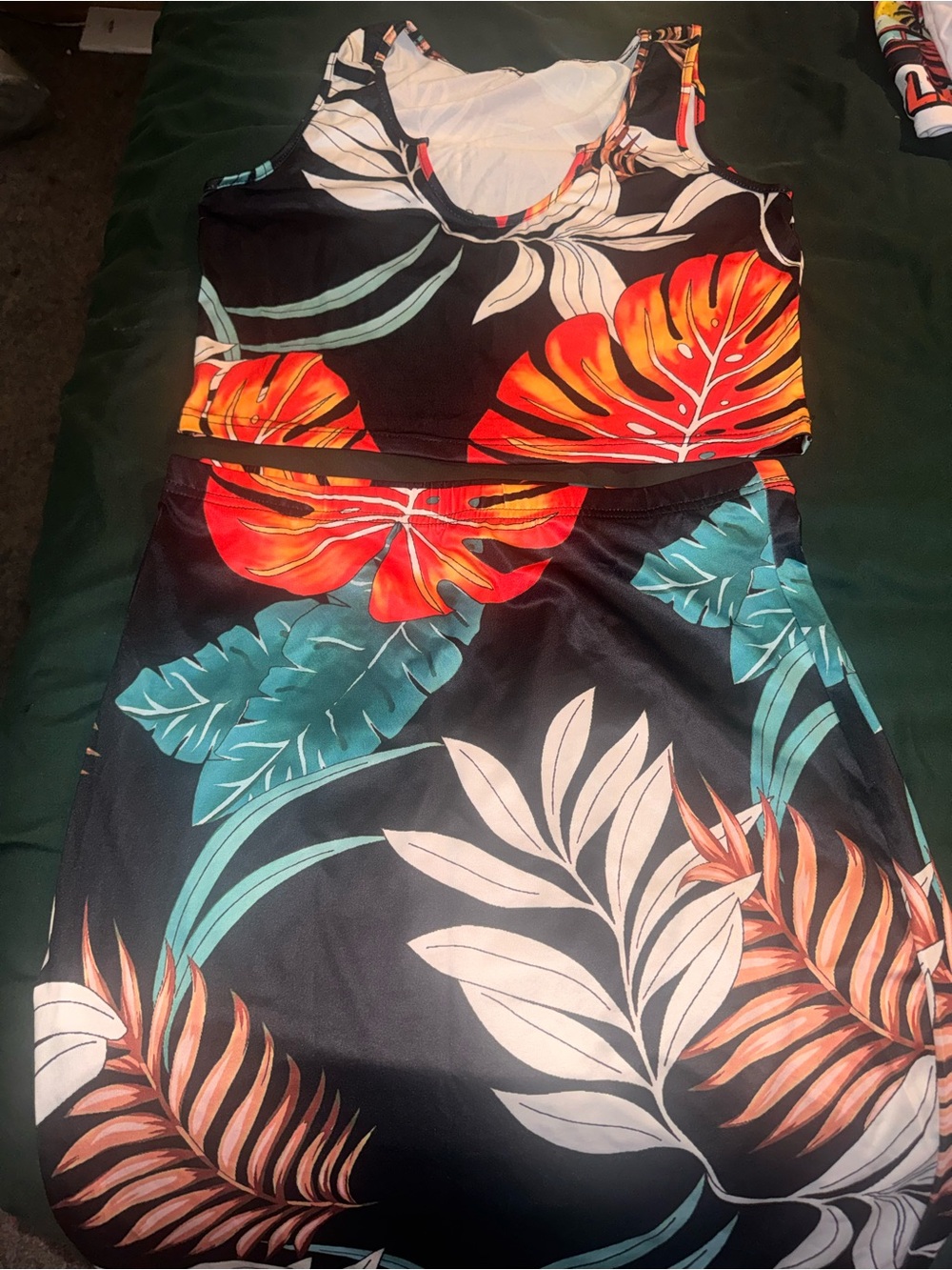 SHEIN Black Tropical Midi Dress with Teal & Orange Leaf Print